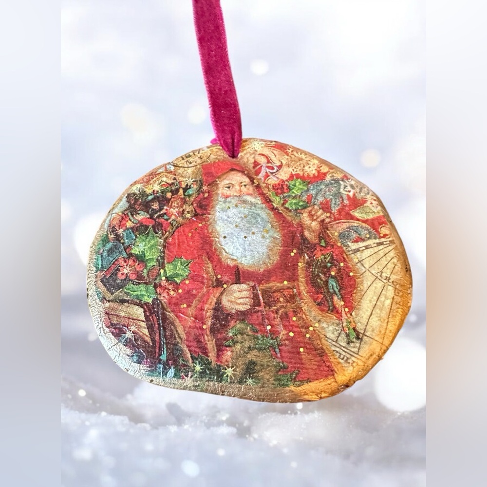 Handcrafted Father Christmas wooden ornament, decoupage with vintage image